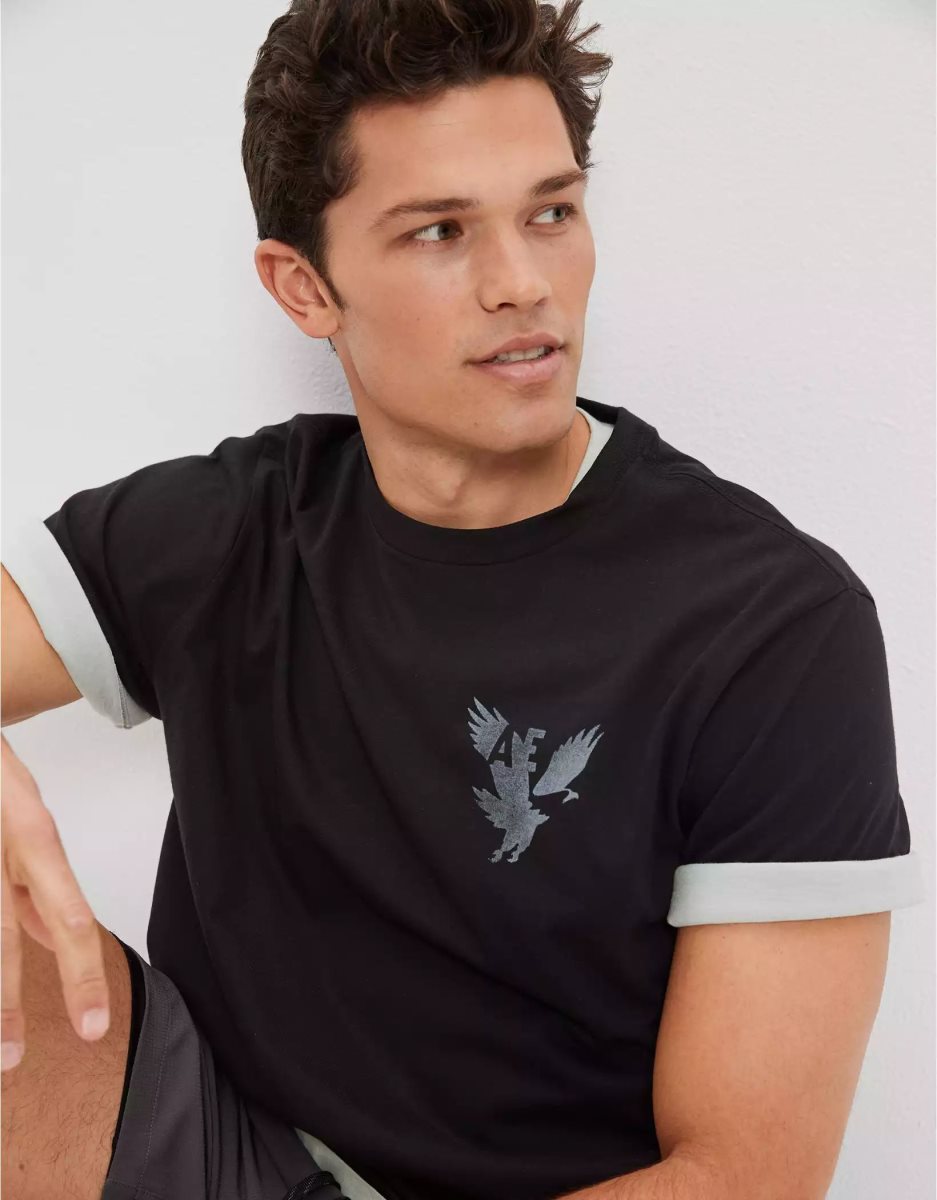 T Shirt Graphique American Eagle AE Super Soft Logo Noir Obsidienne Homme | PBM-71937686